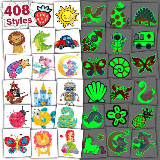 Partywind 408 PCS Temporary Tattoos for Kids, Glow and Glitter Fake Tattoo Stickers for Boys Girls Party Supplies Favors, Cute Goodie Bag Stuffers for Children (Individually Wrapped Sheet)