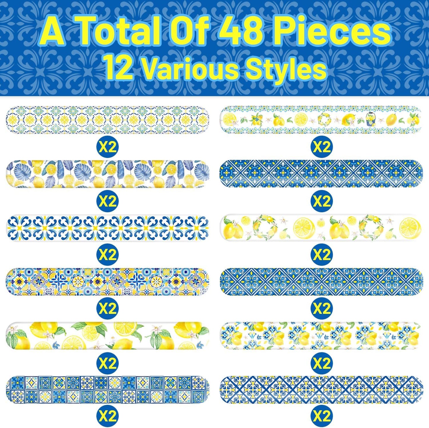 48 PCS Capri Lemon Slap Bracelets Party Favors Blue Yellow Tiles Lemon Wristbands Bracelets Goodie Bag Fillers for Lemon Birthday Decorations Supplies, Baby Shower, Bridal Shower, Class Reward Prizes