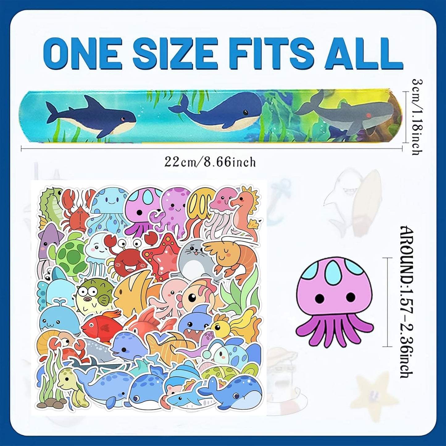74PCS Ocean Animals Party Favor 50PCS Under the Sea Party Stickers&24PCS Slap Bracelets Sea Animals Birthday Supplies Team Gift Filler