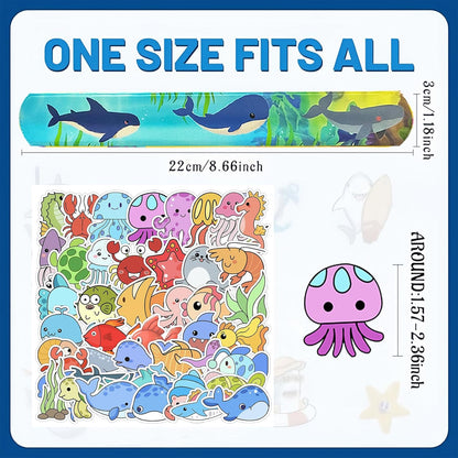 74PCS Ocean Animals Party Favor 50PCS Under the Sea Party Stickers&24PCS Slap Bracelets Sea Animals Birthday Supplies Team Gift Filler