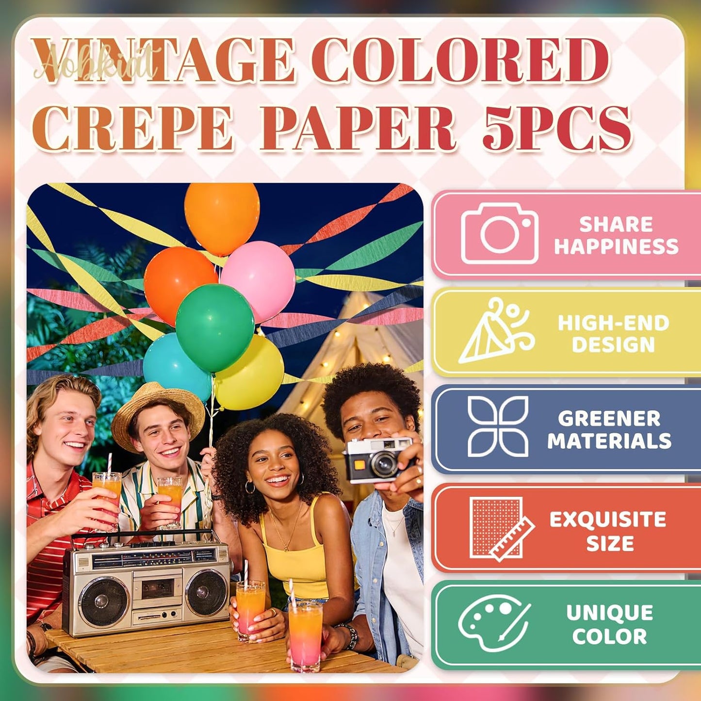 AOBKIAT Colorful Streamers Party Decorations,5 Rolls Vintage Rainbow Crepe Paper Streamers for Birthday,Candyland Theme Baby Shower,Fiesta,Wedding,Christmas,DIY Craft Crepe Paper,1.8 Inch x 82 Ft/Roll