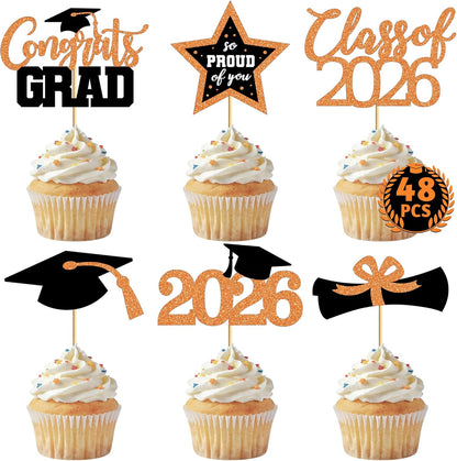 48 PCS Graduation Cupcake Toppers, Glittery 6 Styles Congrats Grad Cake Topper, Black and Red Graduation Decorations 2026, Cap and Diploma Cake Picks for Grad Party Supplies
