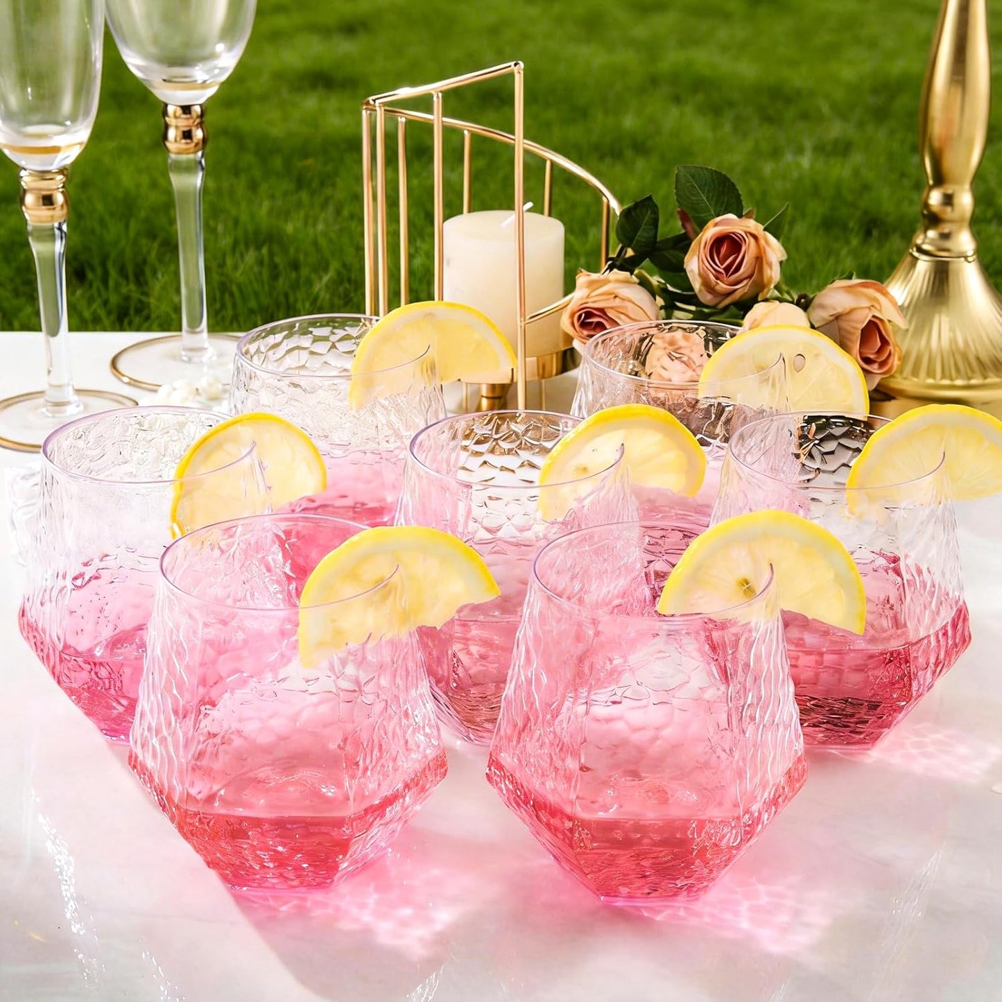 Goodluck 40 PCS Diamond Stemless Plastic Wine Whiskey Glasses, 12 Oz Disposable Cocktail Glasses, Suitable for Weddings, Birthday Parties, Family Gatherings, Bars, etc （Gold rimmed cups）