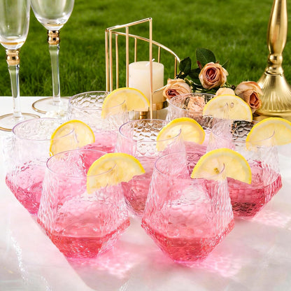 Goodluck 40 PCS Diamond Stemless Plastic Wine Whiskey Glasses, 12 Oz Disposable Cocktail Glasses, Suitable for Weddings, Birthday Parties, Family Gatherings, Bars, etc （Gold rimmed cups）
