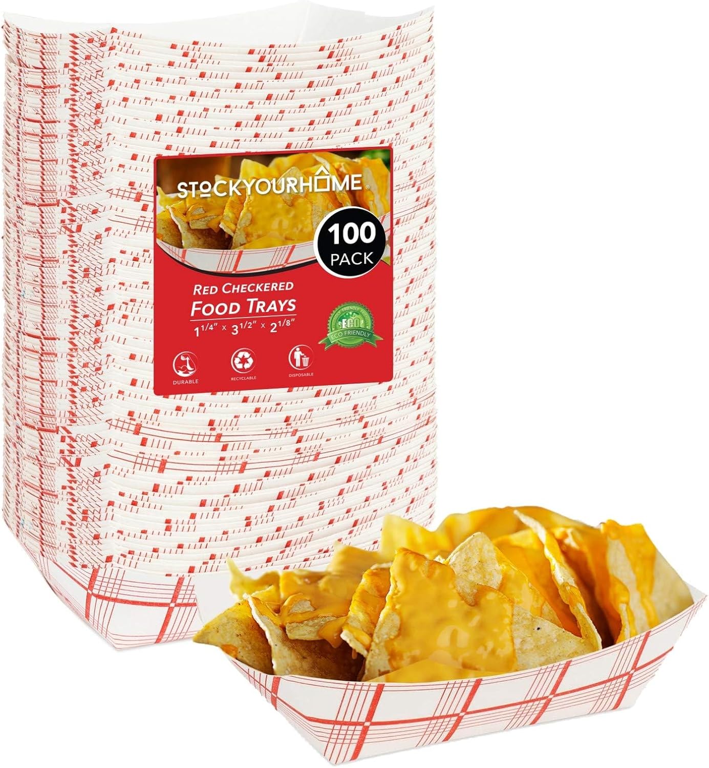 Stock Your Home 100-Pack 3 lb Paper Food Trays – Red & White Checkered Disposable Paper Food Boats, Eco-Friendly Serving Trays for Concessions, Nachos, Snacks & Condiments – 5.75" x 3"