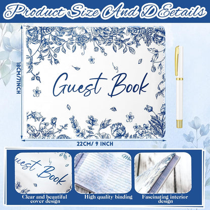 Panelee Wedding Guest Book with Pen Set Elegant Guest Sign in Books Bridal Shower Guestbook Beautiful Guest Book Wedding Reception Guestbook for Wedding (Flower, Blue)