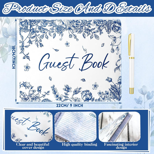 Panelee Wedding Guest Book with Pen Set Elegant Guest Sign in Books Bridal Shower Guestbook Beautiful Guest Book Wedding Reception Guestbook for Wedding (Flower, Blue)
