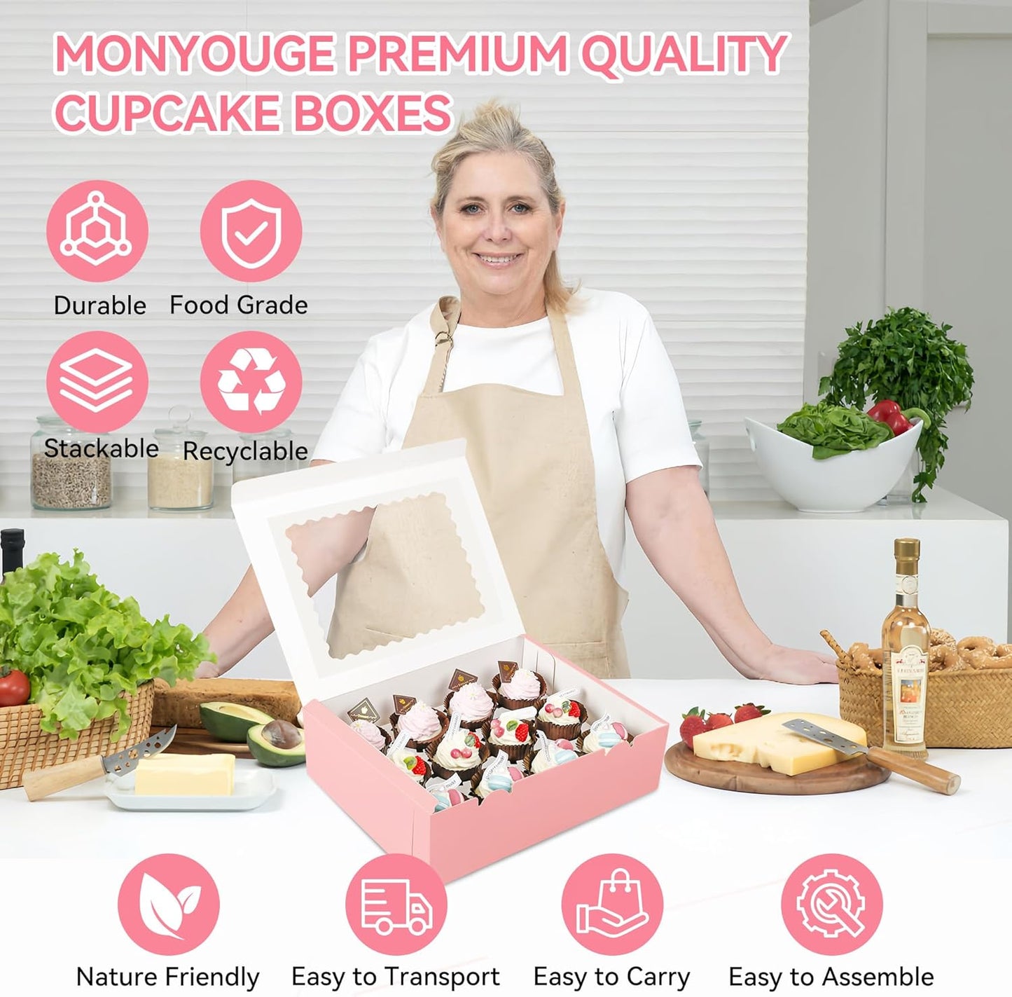 3-Set Cupcake Boxes Bulk with Clear Display Window Hold 12 Standard Cupcakes, Disposable Food Grade White Cupcake Carrier Cupcake Container, Perfect for Cupcakes Muffins Cookies Pastries