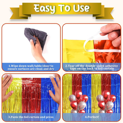 Voircoloria 3 Pack 3.3x8.2 Feet Gold Foil Fringe Backdrop Curtains, Tinsel Streamers, Fringe Backdrop for 2025 New Years Eve, Graduation, Birthday, Baby Shower, Gender Reveal, Disco Party - Colors B