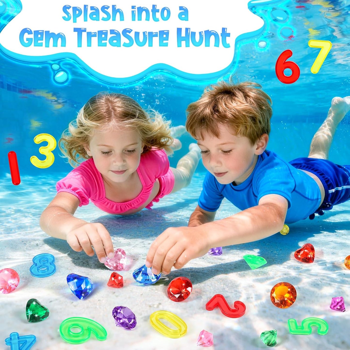 Meaicezli Pool Toys Diving Gems, 54 Pcs Search and Find Pool Games, Diving Toys with Dive Gems, Acrylic Numbers, Scavenger Hunt Game Cards & Mesh Bag, Fun Summer Water Party Favors for Kids 4-12