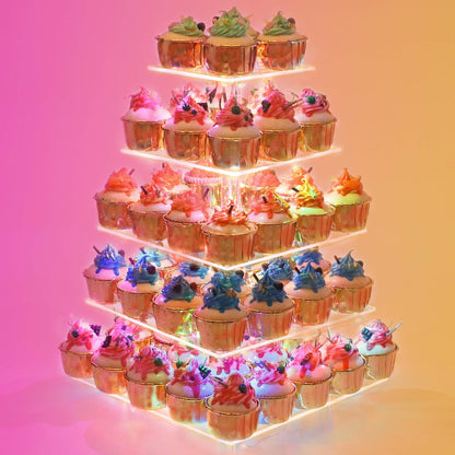 YestBuy Cupcake Stand with Yellow Led Lights, 4 Tier Cupcake Stand for 50 Cupcakes, Acrylic Cupcake Tower Stand, Clear Tiered Cupcake Holder for Birthday Cady Bar Décor Weddings, Parties Events