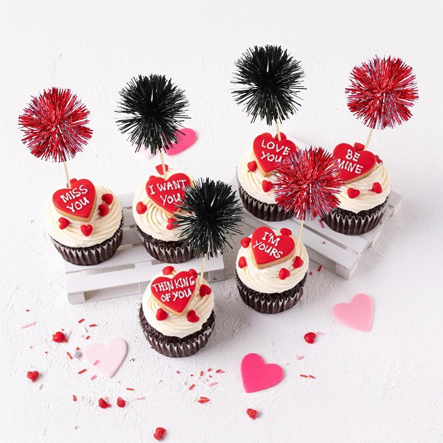 Ephlyn 30Pcs Foil Firework Cupcake Toppers Sparkle Tinsel Cupcake Picks Drink Stirrers Cocktail Food Fruit Toothpicks for Baby Shower Graduation Party Supplies White