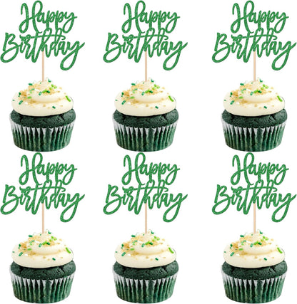 24 PCS Happy Birthday Cupcake Toppers Glitter Picks for Celebrating Anniversary Theme Party Cake Decorations Supplies Gold