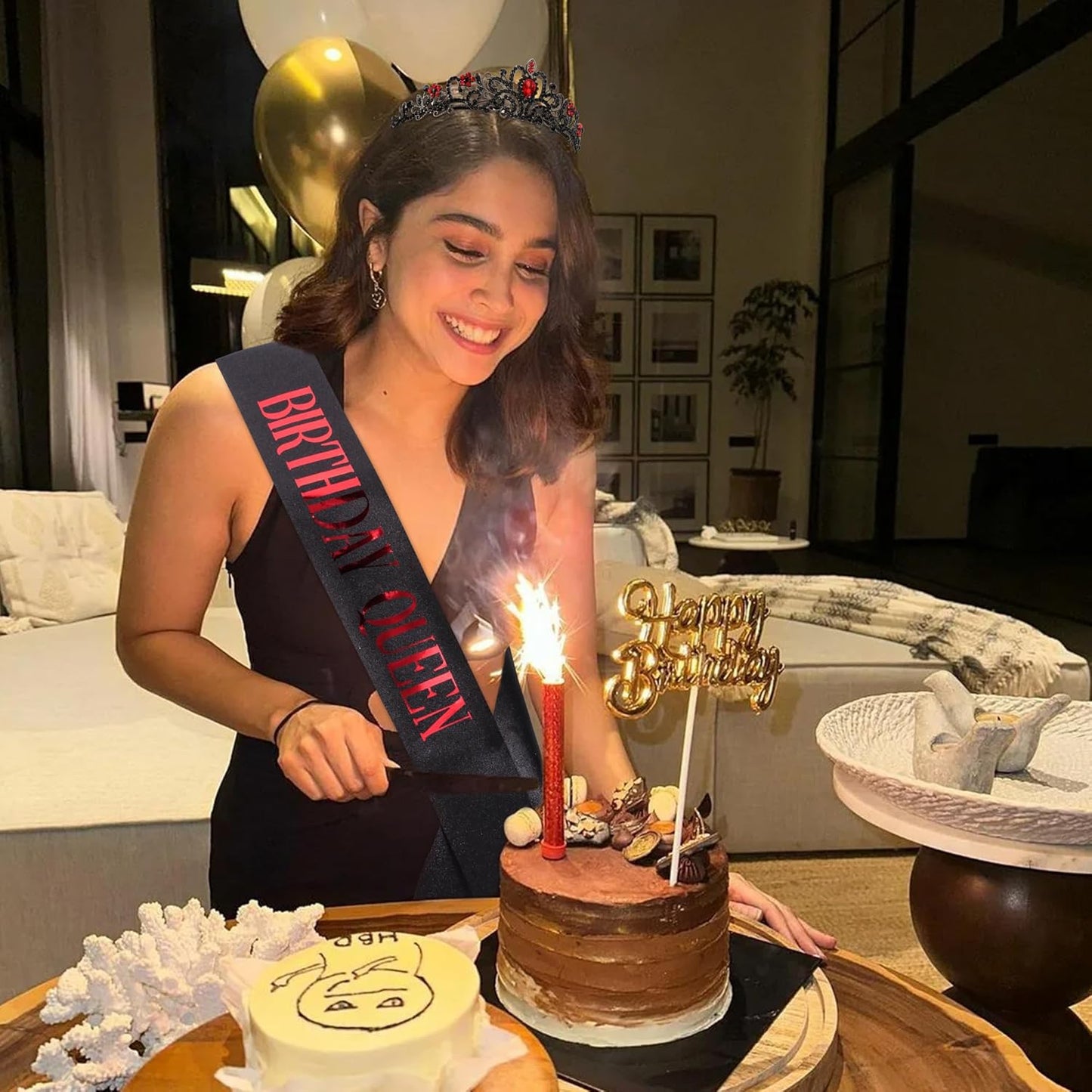 COCIDE Birthday Queen Sash & Rhinestone Tiara Set Gold Happy Birthday Crowns for Women Party Decoration Kit Rhinestone Headband for Women Glitter Crystal Hair Accessories for Cake Topper