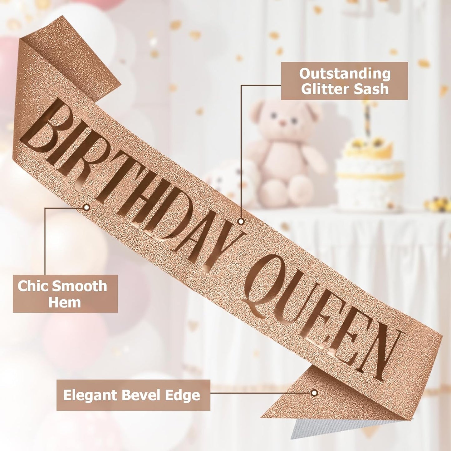 RUDONG M Birthday Queen Sash Glitter - Gold Birthday Sash for Women & Girls | Sweet 16/18th/21st/30th/40th/50th/60th/70th, All-Age Celebration Party Decor