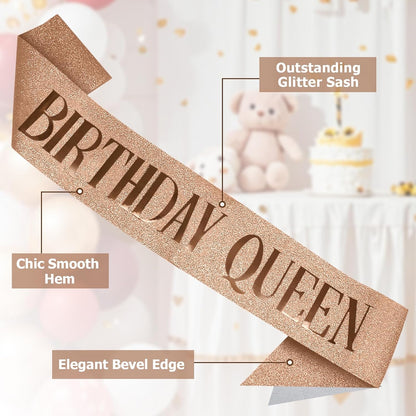 RUDONG M Birthday Queen Sash Glitter - Gold Birthday Sash for Women & Girls | Sweet 16/18th/21st/30th/40th/50th/60th/70th, All-Age Celebration Party Decor