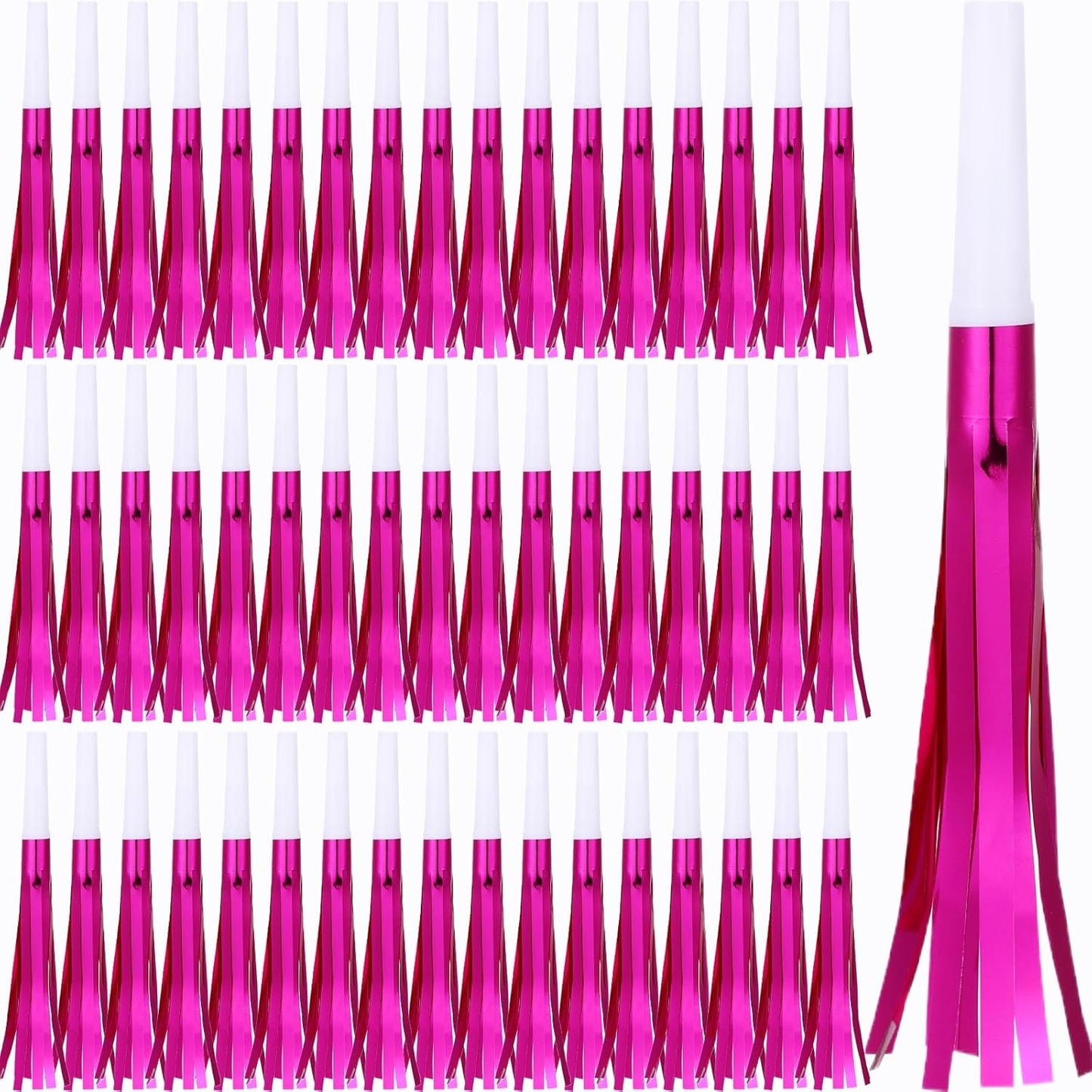 Noise Makers Party Horns, 60 Pack, Purple Metallic Glitter with Fringe, for Birthday, Wedding, New Year