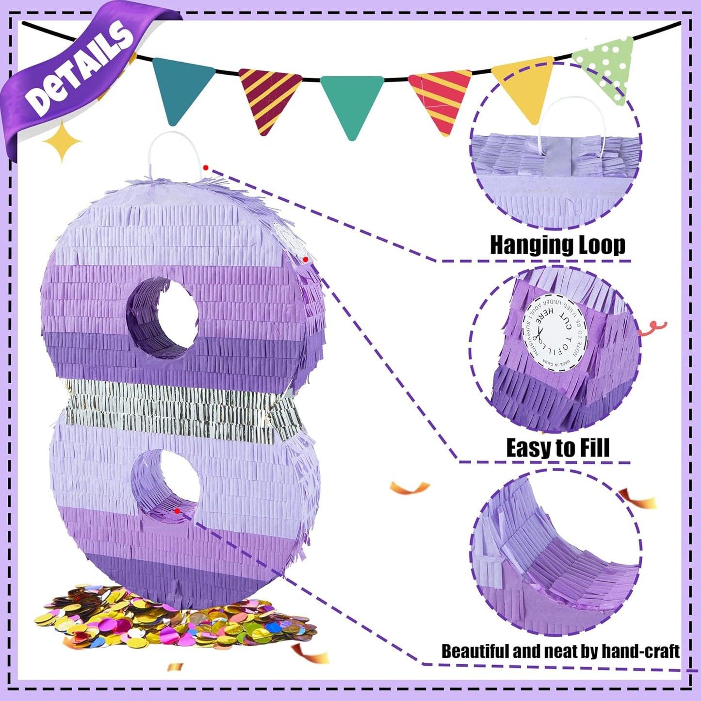 PCFING 20 Inch Number 1 Piñata Purple Silver with 30 Inch Piñata Stick Blindfold Confetti for Boy Girl Kids Birthday Party Decorations, Anniversary Celebration, Fiesta