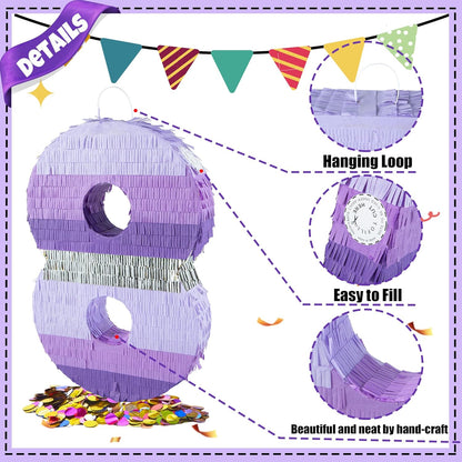 PCFING 20 Inch Number 1 Piñata Purple Silver with 30 Inch Piñata Stick Blindfold Confetti for Boy Girl Kids Birthday Party Decorations, Anniversary Celebration, Fiesta