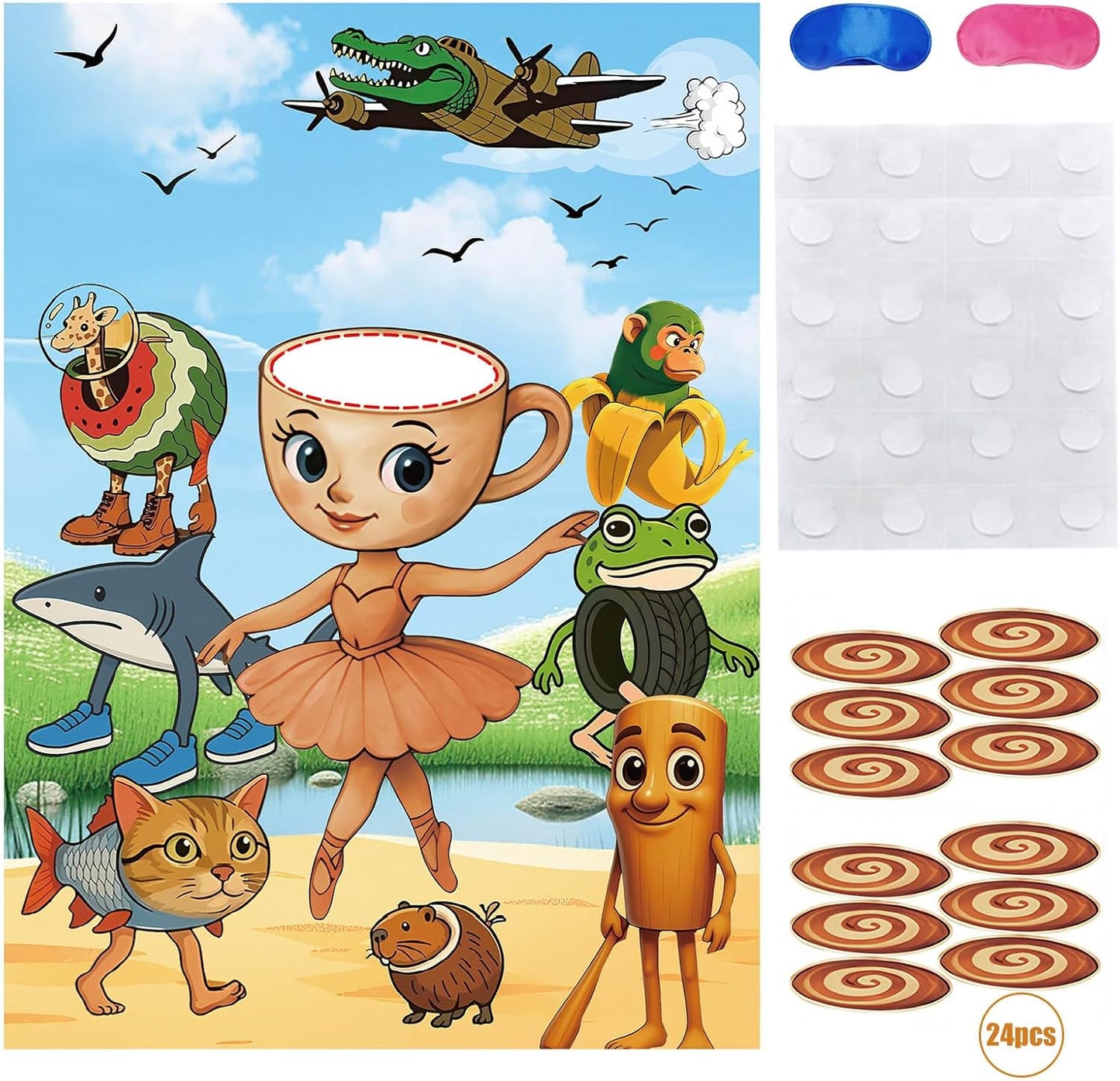 TJLMCORP Italian Brainrot Party Game, Pin the Tail Party Game Set With 24 Stickers and and 2 Blindfolds, Tralalero Themed Birthday Party Supplies, Brain Rot Party Decorations（Tung Tung Tung Sahur）