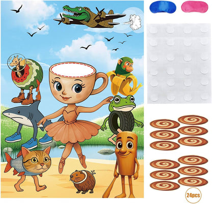 TJLMCORP Italian Brainrot Party Game, Pin the Tail Party Game Set With 24 Stickers and and 2 Blindfolds, Tralalero Themed Birthday Party Supplies, Brain Rot Party Decorations（Tung Tung Tung Sahur）