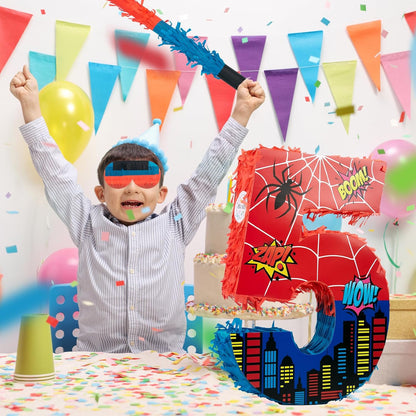 Number 4 Spider Pinata Bundle with 16 Inch Piñata Stick Blindfold Confetti for Hero Birthday Party Decoration Anniversary Celebration Gift Spider Party Favors for Kids, 16 x 11.6 x 2.4 Inch
