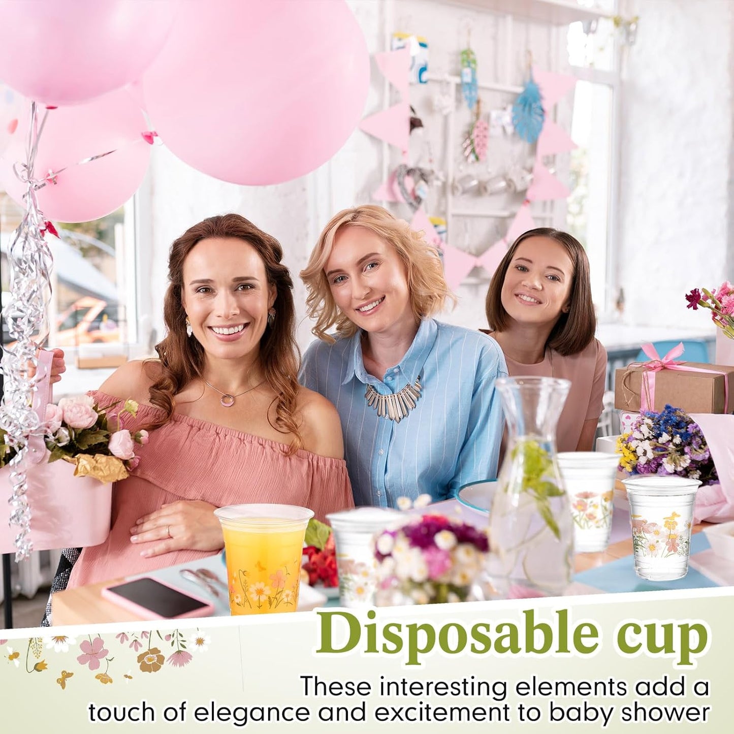 Hushee 60 Pcs Purple Floral Cups with Spring Summer Flower 16 oz Wildflowers Plastic Disposable Drinking Cups for Summer Spring Birthday Baby Shower Wedding Party Supplies