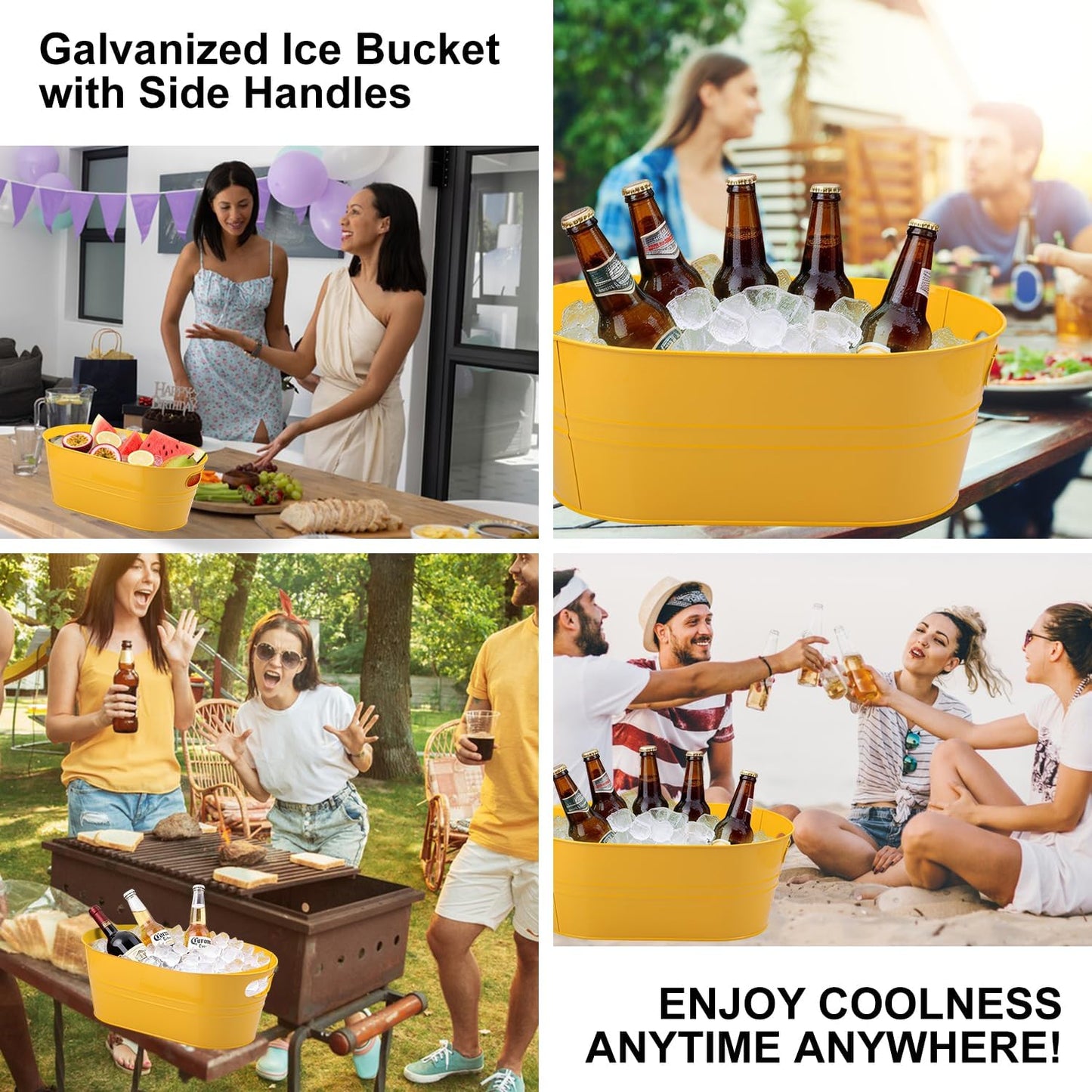 3 PCS 15.3 x 9 x 6 inches White Metal Galvanized Tub with Iron Handles, 3 Gallon Beverage Tubs for Parties, Large Ice Buckets for Beer, Wine, Cocktails & Outdoor Events