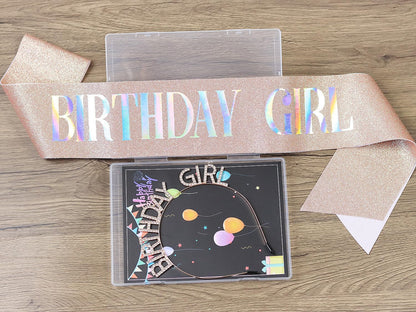 3 Pack Rose Gold Birthday Girl Sash and Rhinstone Headband Set for Women Glittery Cake Topper Happy Birthday Crown&Tiara Accessories Decorations Gifts for Kids.