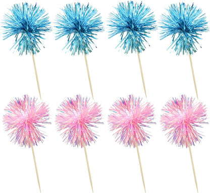 Ephlyn 30Pcs Foil Firework Cupcake Toppers Sparkle Tinsel Cupcake Picks Drink Stirrers Cocktail Food Fruit Toothpicks for Baby Shower Graduation Party Supplies White