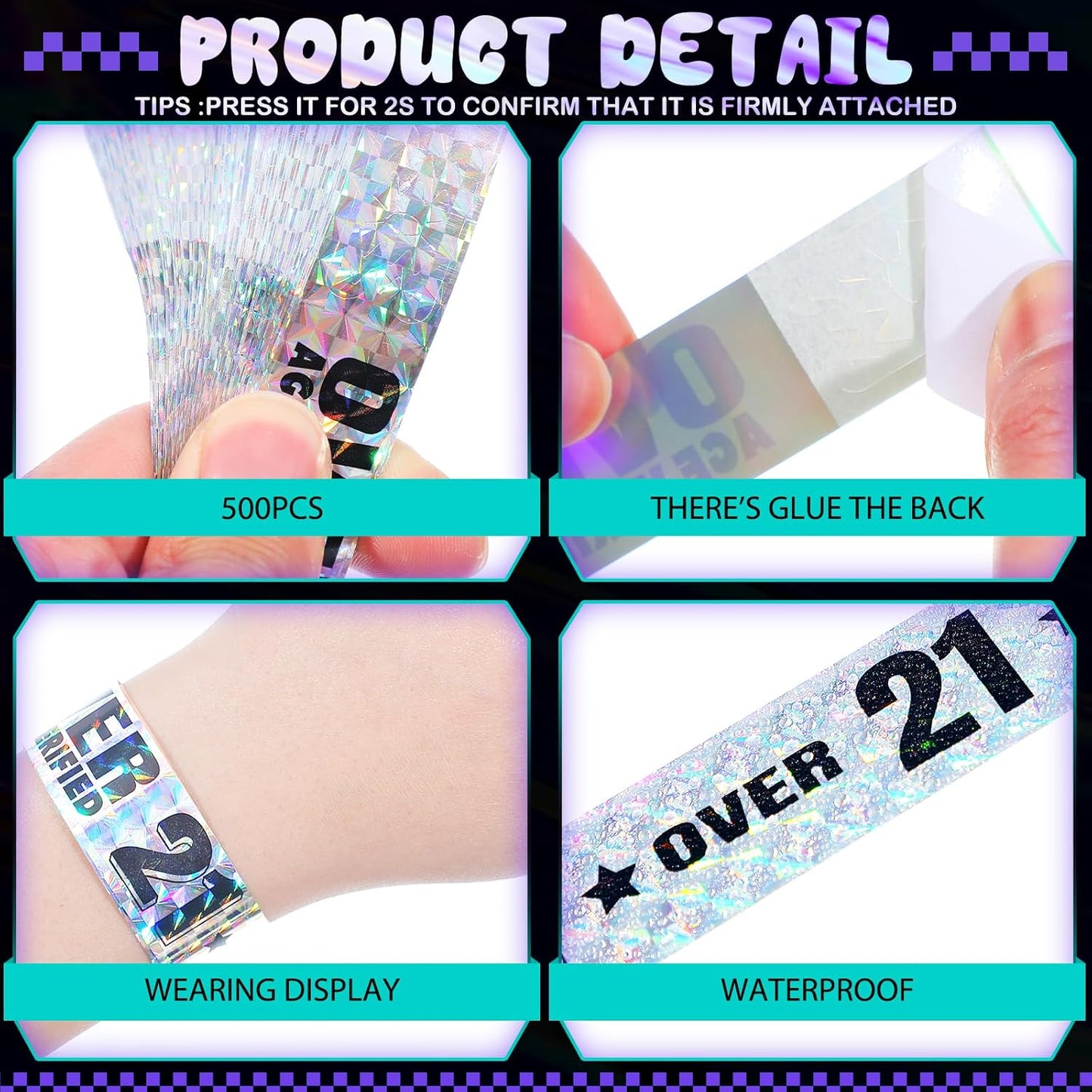 Ferraycle Over 21 Wristbands Holographic Events Wristbands Plastic Party Bracelets Waterproof Bracelets Arm Bands for Events Concerts