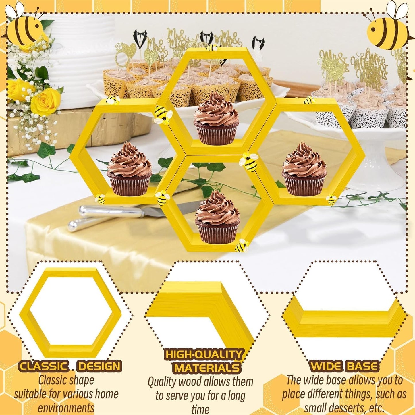 8 Pcs 4.13 Inch Honeycomb Cupcake Stand Cake Farmhouse Hexagon Display Holder Hexagonal Wood Cupcake Stand Floating Table Sign with Wooden Bee for Wedding Baby Shower Birthday Party Table Decorations