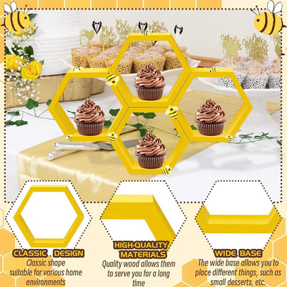8 Pcs 4.13 Inch Honeycomb Cupcake Stand Cake Farmhouse Hexagon Display Holder Hexagonal Wood Cupcake Stand Floating Table Sign with Wooden Bee for Wedding Baby Shower Birthday Party Table Decorations