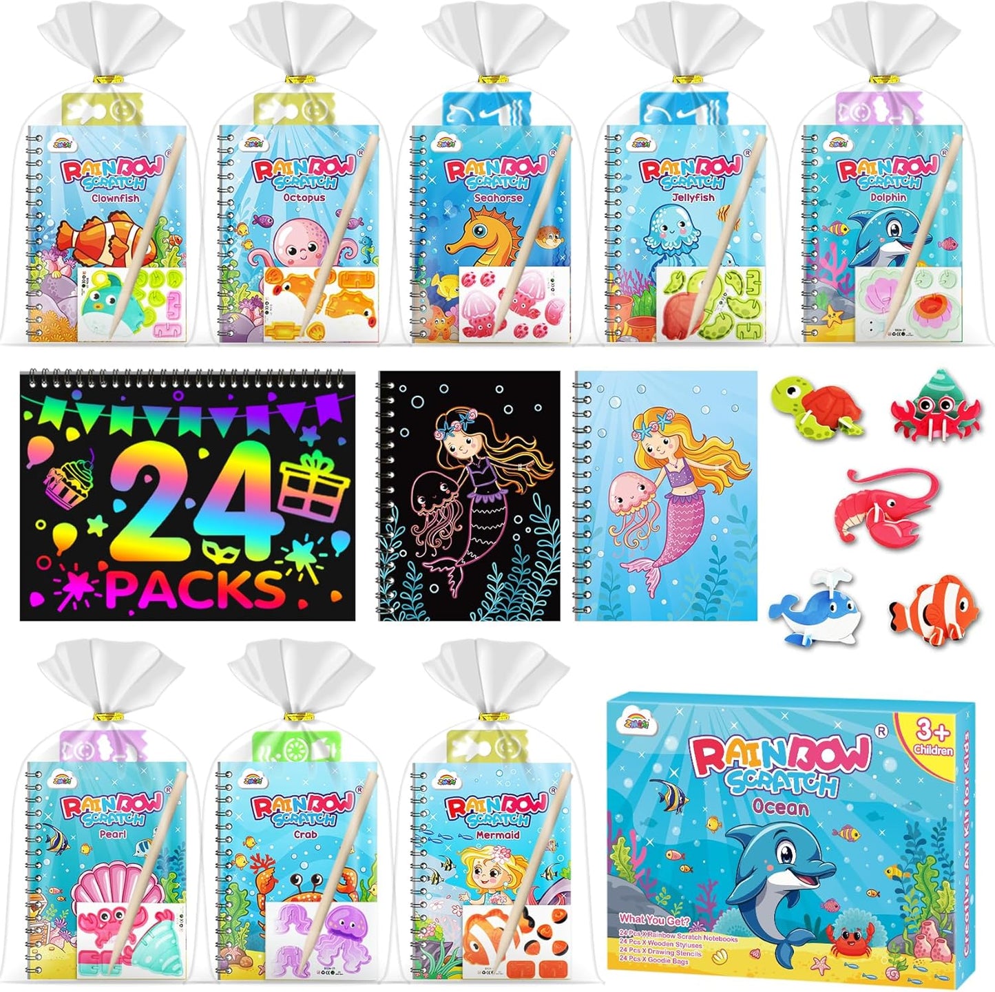 ZMLM 24 Pack Scratch Art Party Favors: Birthday Party Favors for Kids 4-8, Bulk Rainbow Scratch Notebook Paper Pads, Goodie Bags Stuffers Girls Boys Classroom Gifts Crafts Toys