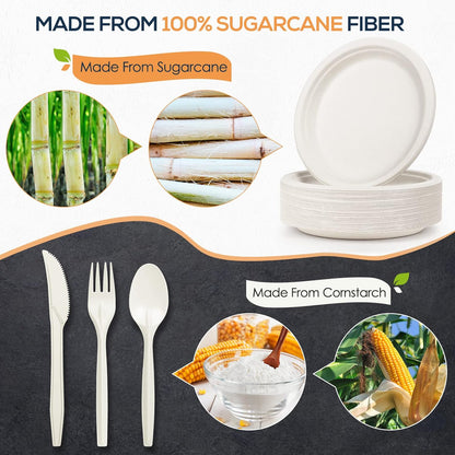 Gezond 250Pcs Disposable Paper Plates Set, Compostable Plate Sugarcane Utensils Eco Friendly Dinnerware Kit Includes 50 Biodegradable Plates, Forks, Knives and Spoons for Brithday Party Camping