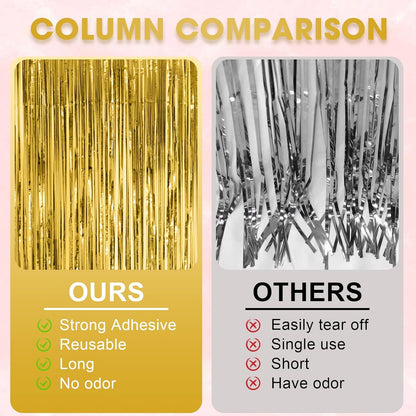 Voircoloria 3 Pack 3.3x8.2 Feet Gold Foil Fringe Backdrop Curtains, Tinsel Streamers, Fringe Backdrop for 2025 New Years Eve, Graduation, Birthday, Baby Shower, Gender Reveal, Disco Party - Colors A
