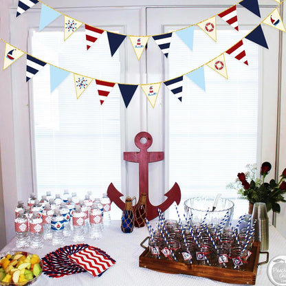 30Ft Navy Blue Gold and Beige Party Decorations Royal Blue Gold Triangle Flag Pennant Banner Bunting for Graduation Birthday Wedding Bridal Shower Nautical Ahoy Achor Theme Party Decorations Supplies