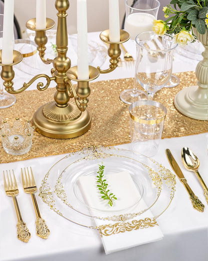 Nervure 350PCS Gold Plastic Plates - Gold Plastic Dinnerware Sets for 50 Guests - 100 Disposable Plates, 150 Silverware, 50 Cups, 50 Napkins for Wedding & Party & Mothers Day