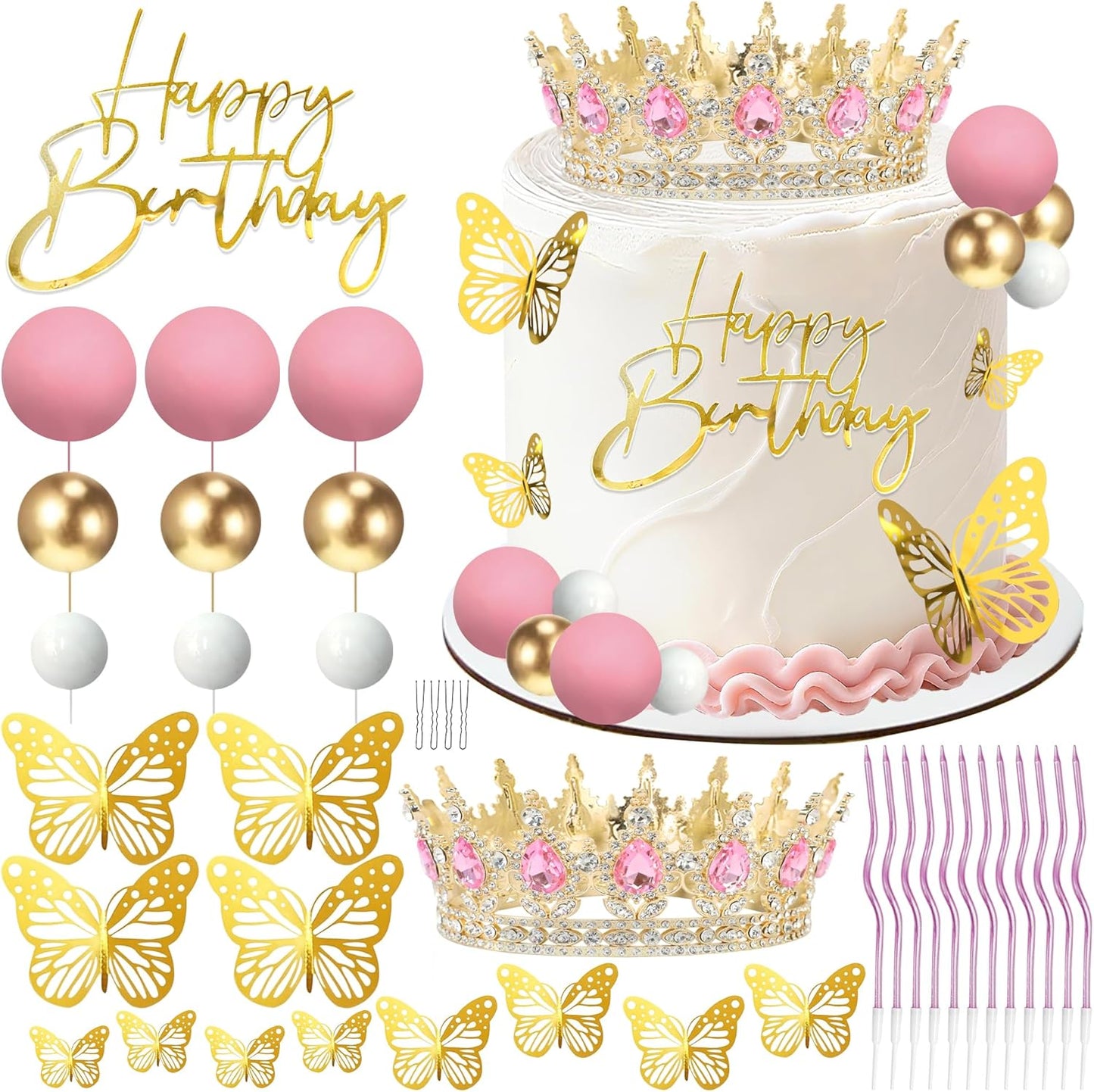 Crown Cake Topper, Balls Happy Birthday Cake Topper Pink Crown Birthday Candles Gold Butterflies, Corona Para Pastel, Cake Decorations for Birthday Wedding (Gold, Pink)