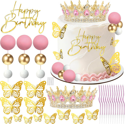 Crown Cake Topper, Balls Happy Birthday Cake Topper Pink Crown Birthday Candles Gold Butterflies, Corona Para Pastel, Cake Decorations for Birthday Wedding (Gold, Pink)