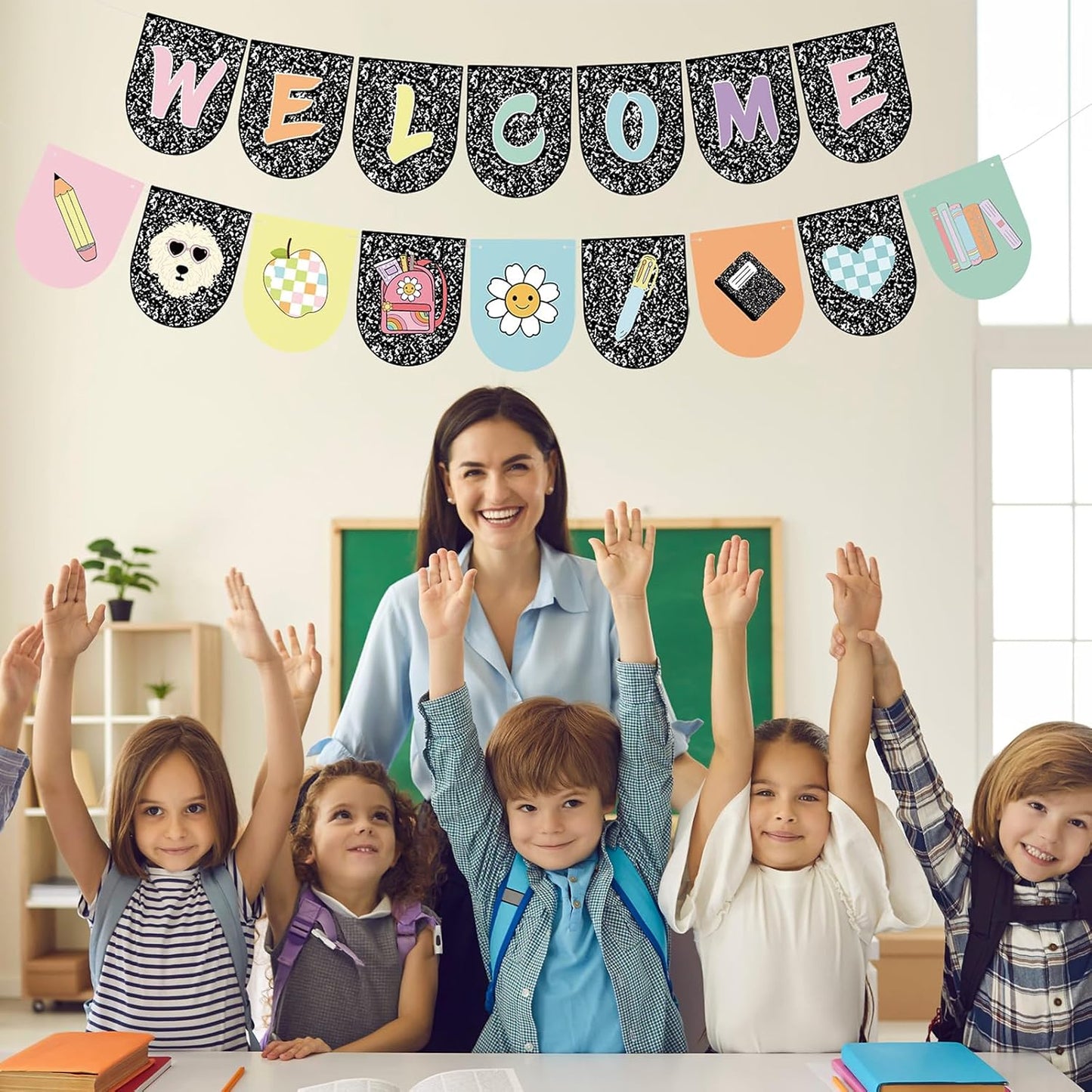 Welcome Back to School Banner, Composition Notebook Classroom Decor, First Day of School Banner Welcome Sign for Classroom Decorations Office Home Decor Party Supplies