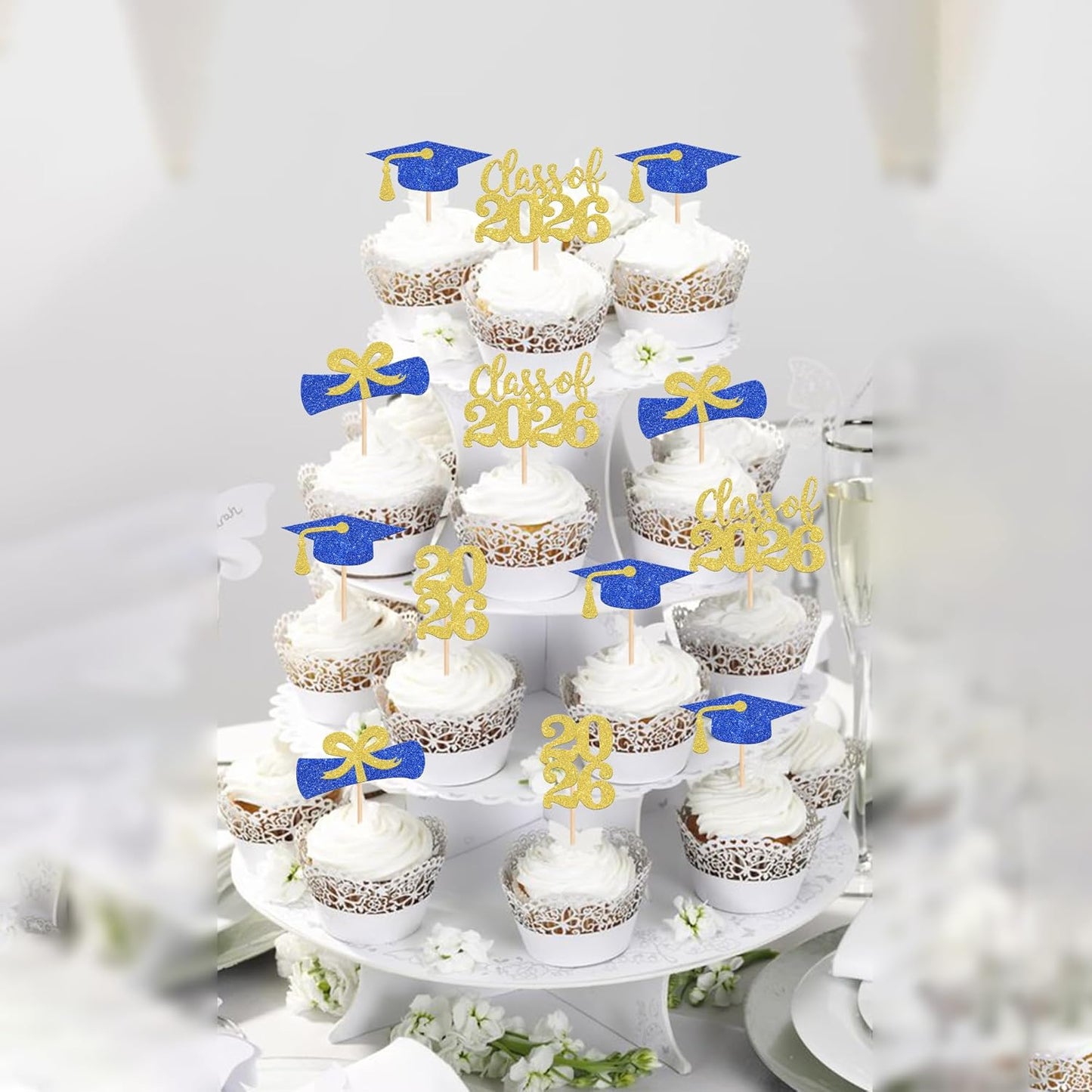 36 PCS 2026 Graduation Theme Cupcake Toppers Glitter Class of 2026 Grad Cap Diploma Cupcake Picks 2026 Graduation Theme Party Cake Decorations Supplies Deep Blue