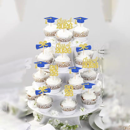 36 PCS 2026 Graduation Theme Cupcake Toppers Glitter Class of 2026 Grad Cap Diploma Cupcake Picks 2026 Graduation Theme Party Cake Decorations Supplies Deep Blue