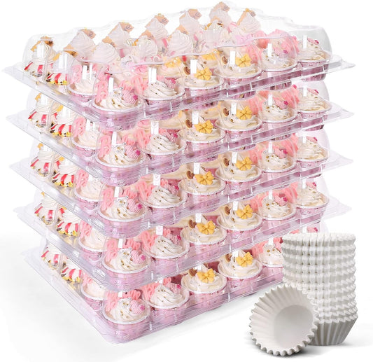 LotFancy (24 Count x 12 Sets) Mini Cupcake Containers with 288 Liners, Plastic Cupcake Boxes Holder, BPA Free, Clear Disposable Cupcake Carriers with Detachable Dome Lid