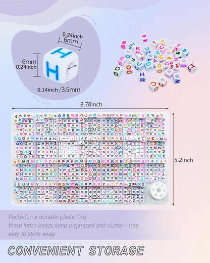 Amaney 1400pcs Glow Letter Beads, Heart Beads Whit Elastic Beading Cord,4x7mm Round Acrylic Alphabet Beads for Friend Bracelet Jewelry Making