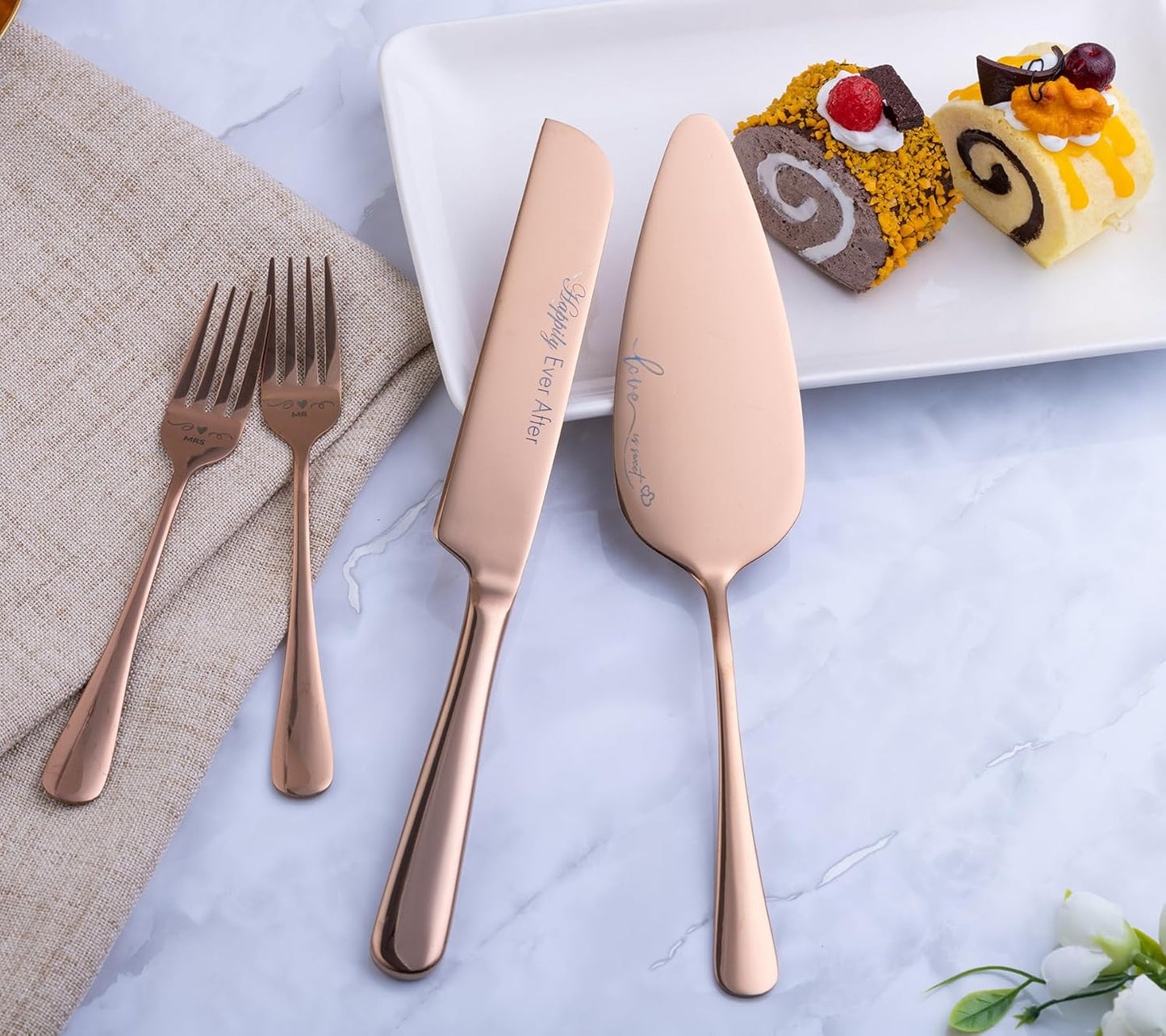 Wedding Cake Knife and Server Set with Forks, Engraved Cake Cutting Set for Wedding Anniversary Christmas Engagement（Gold