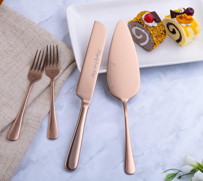 Wedding Cake Knife and Server Set with Forks, Engraved Cake Cutting Set for Wedding Anniversary Christmas Engagement（Gold