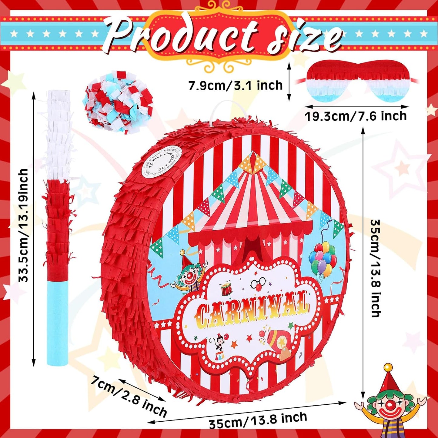 Deekin Large Carnival Piñata Stick with Blindfold Confetti Set Circus Tent Piñata for Birthday Carnival Theme Party Decorations Gaming Holiday Celebration Game Supply