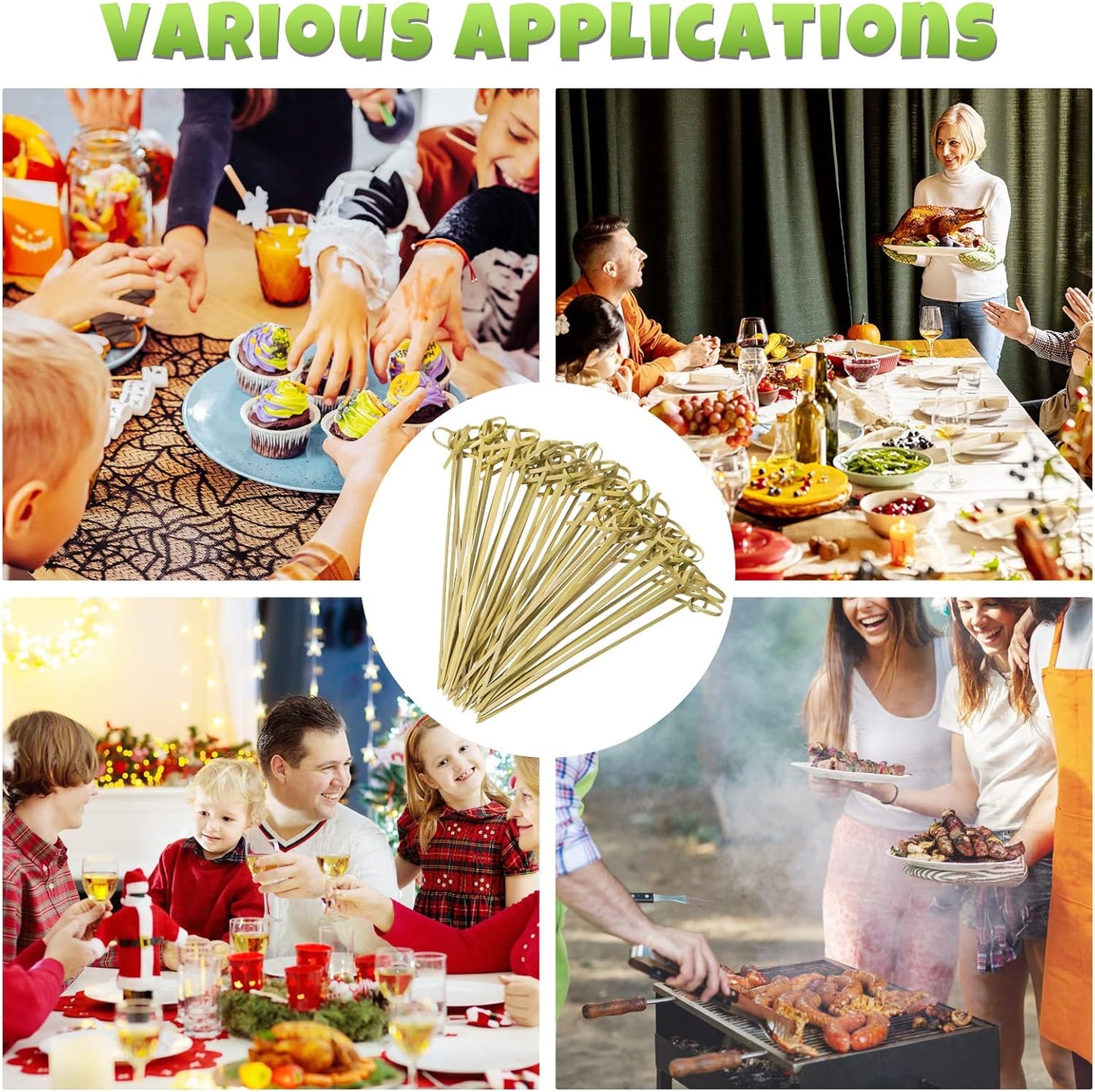 Meanplan 1000 Pcs Bamboo Cocktail Picks 4.72 Inch Bamboo Skewers Handmade Food Garnish Sticks with Looped Knot Fruit Toothpicks for Drinks Appetizer Cocktail Themed Party Snack(Green)