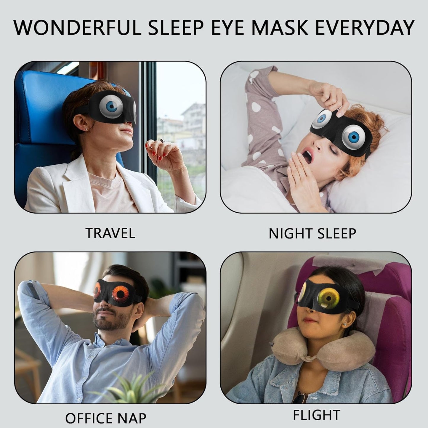 Sleep Eye Mask for Men Women Kids Funny 3D Sleeping Mask Adjustable Strap 2 Pack Eye Shade Cover for Travel, Black(Assorted A)